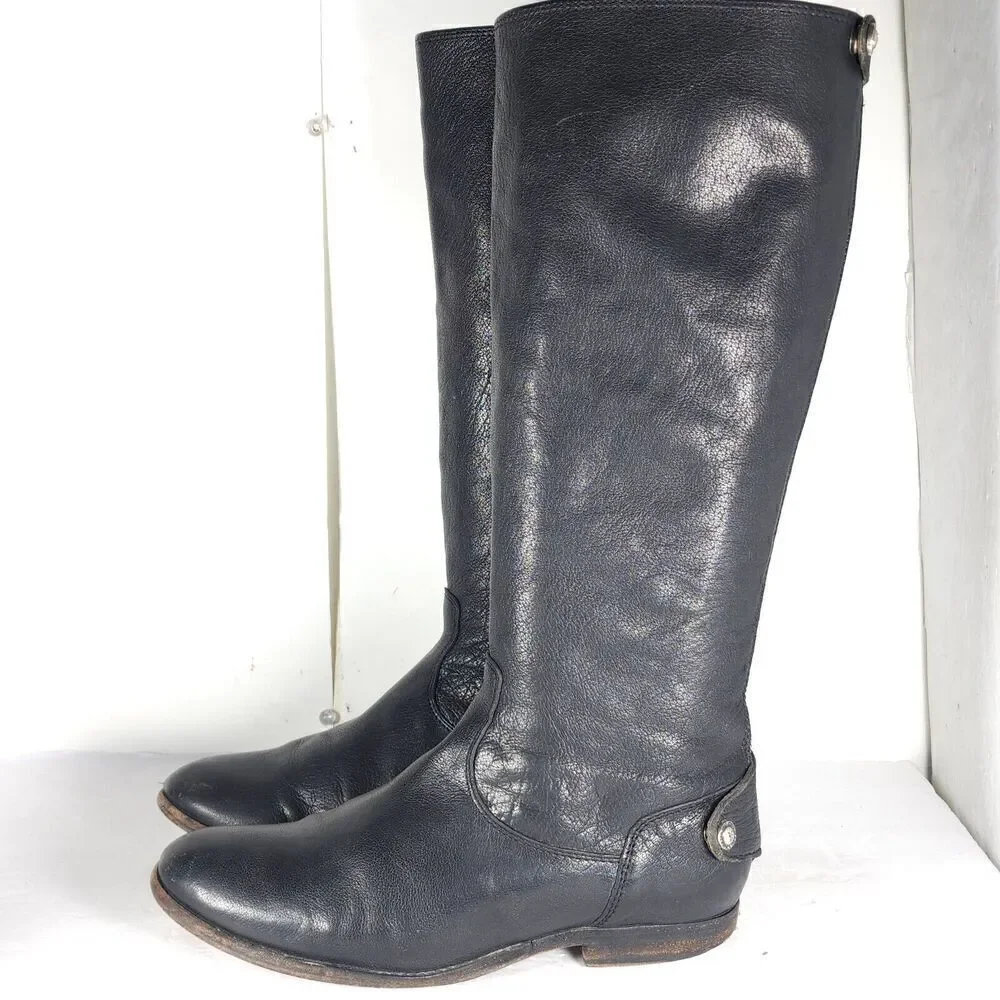 FRYE Women's Melissa Back Zip US 7,5B Black Leather Button Tall Riding Boots